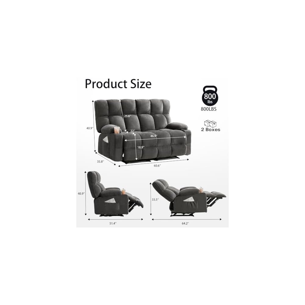 Oversized Loveseat Recliner Sofa, Double Recliner, Big Large Reclining Sofa with Cup Holders & Side Pockets, Traditional 2-Seater Manual Recliner Couch for Living Room, RV, Home Theater (Fabric,Grey)