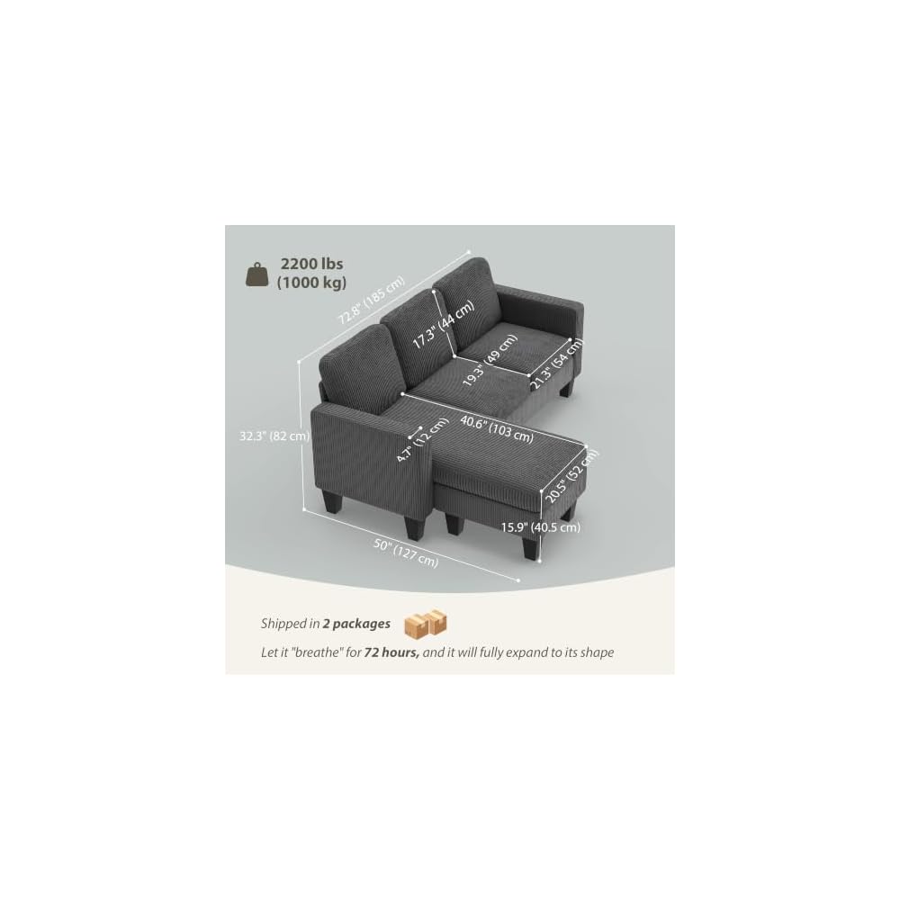HOMCOM 73" L-Shaped Sectional Sofa 3 Seater Couch 2200lb Capacity Dark Gray