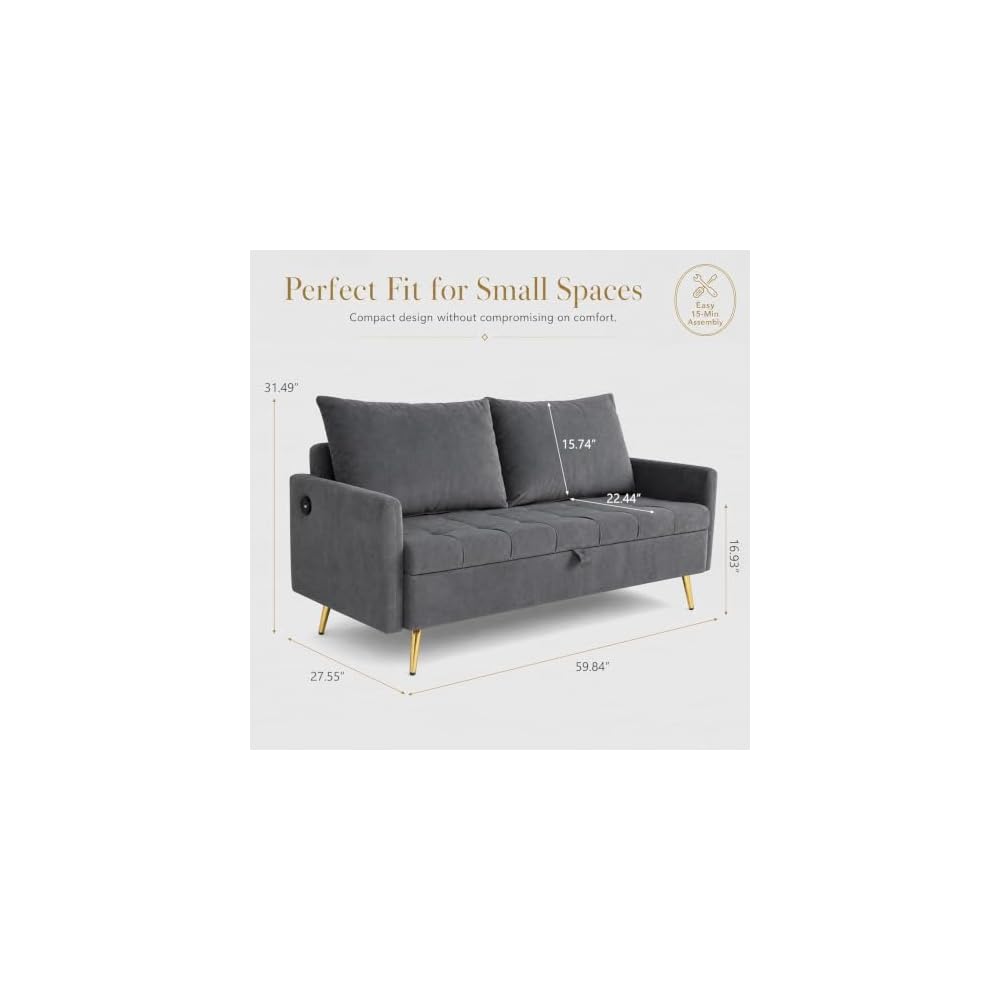 Mid Century Modern 60" W Grey Loveseat Storage Sofa 2 Seater With USB Ports