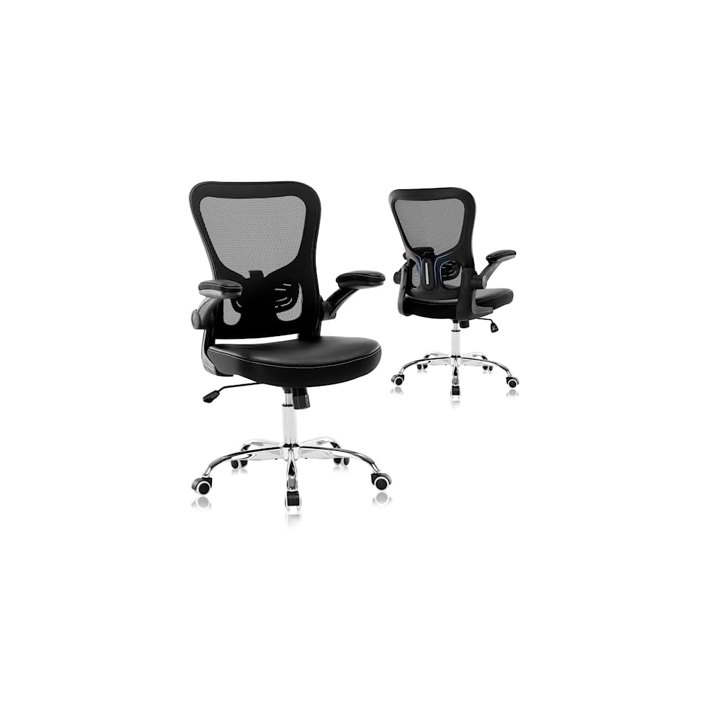 Office Chair, Mesh Ergonomic Desk Computer Chair with PU Leather Flip-up Armrest, Home Task Chair with Lumbar Support, Adjustable Executive Mid Back, Rolling Swivel,Black