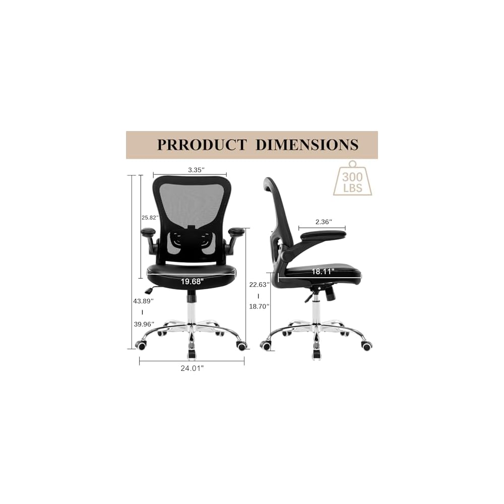 Office Chair, Mesh Ergonomic Desk Computer Chair with PU Leather Flip-up Armrest, Home Task Chair with Lumbar Support, Adjustable Executive Mid Back, Rolling Swivel,Black