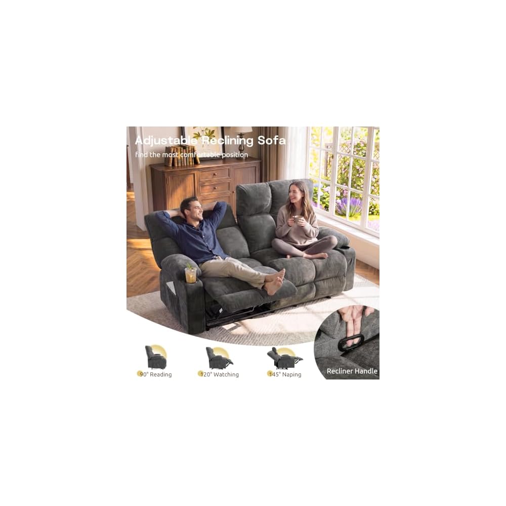 Oversized Loveseat Recliner Sofa, Double Recliner, Big Large Reclining Sofa with Cup Holders & Side Pockets, Traditional 2-Seater Manual Recliner Couch for Living Room, RV, Home Theater (Fabric,Grey)