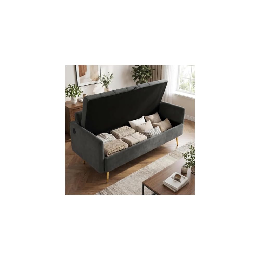 Mid Century Modern 60" W Grey Loveseat Storage Sofa 2 Seater With USB Ports