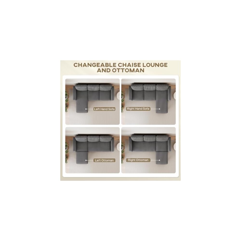 HOMCOM 73" L-Shaped Sectional Sofa 3 Seater Couch 2200lb Capacity Dark Gray