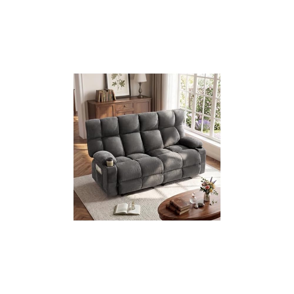 Oversized Loveseat Recliner Sofa, Double Recliner, Big Large Reclining Sofa with Cup Holders & Side Pockets, Traditional 2-Seater Manual Recliner Couch for Living Room, RV, Home Theater (Fabric,Grey)