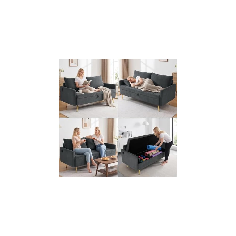 Mid Century Modern 60" W Grey Loveseat Storage Sofa 2 Seater With USB Ports