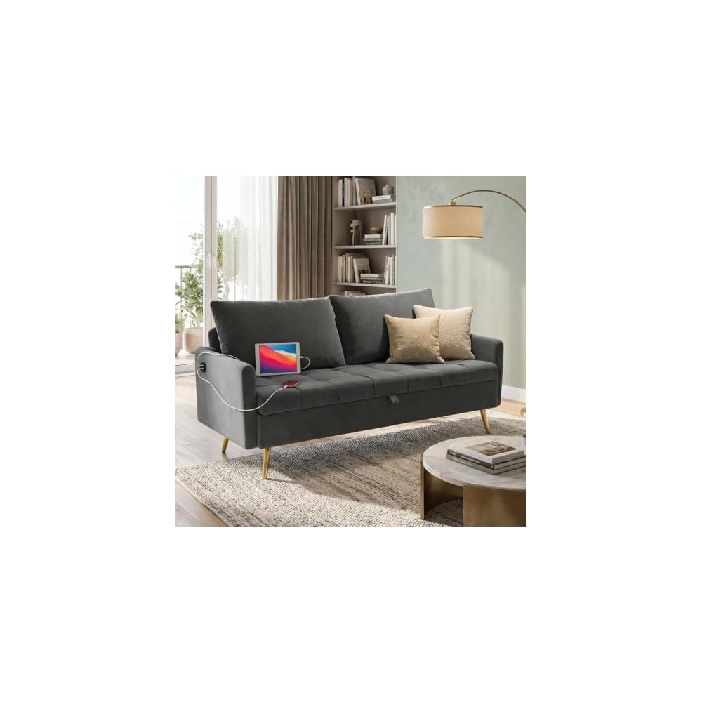 Mid Century Modern 60" W Grey Loveseat Storage Sofa 2 Seater With USB Ports