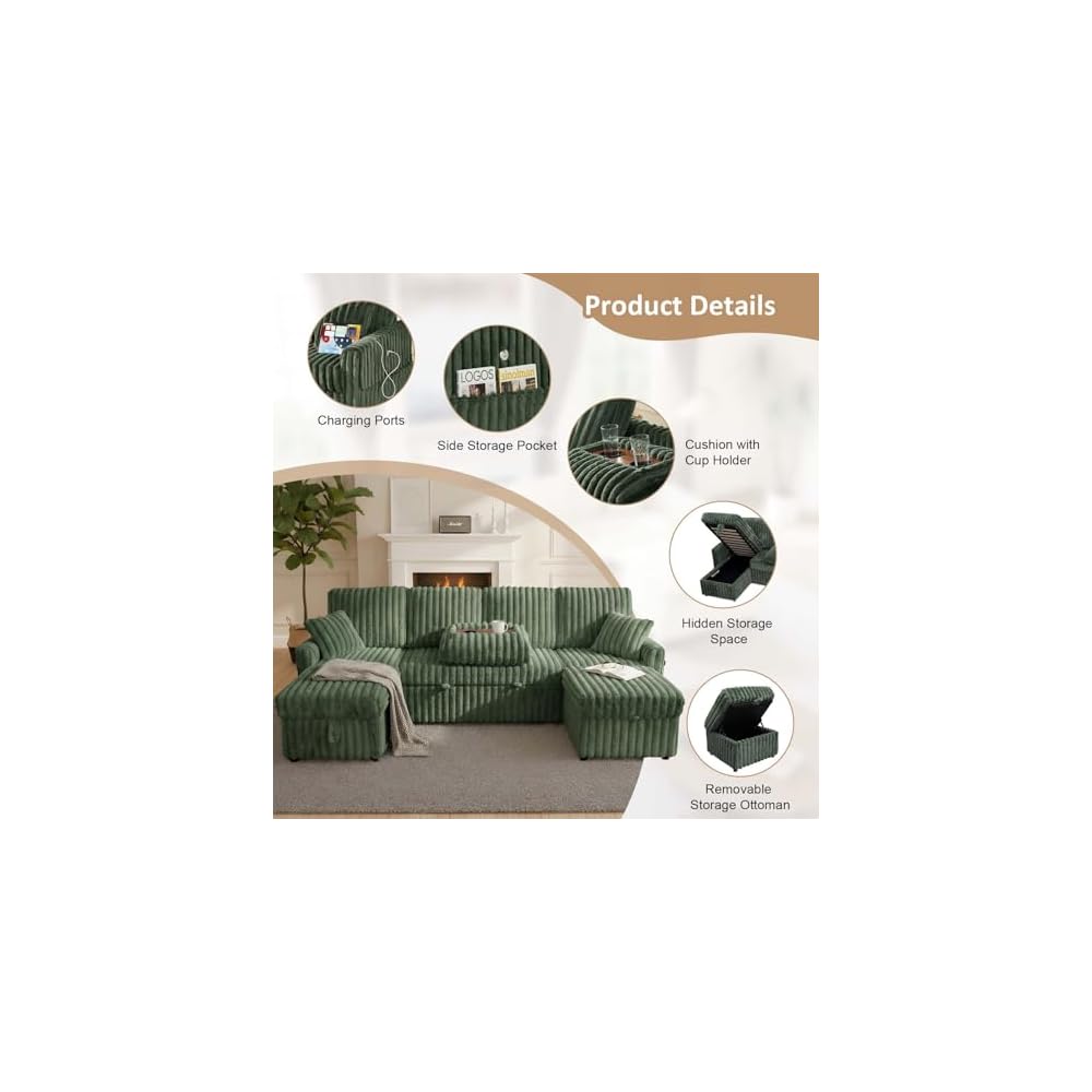 KCGKCG 104" U Shaped Sleeper Sofa Bed, Pull Out Couches for Living Room