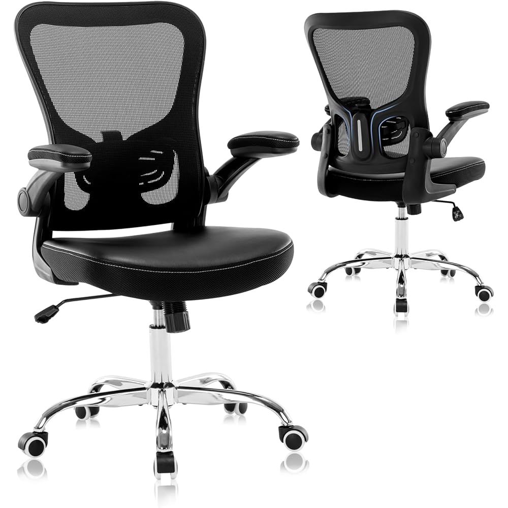Office Chair, Mesh Ergonomic Desk Computer Chair with PU Leather Flip-up Armrest, Home Task Chair with Lumbar Support, Adjustable Executive Mid Back, Rolling Swivel,Black
