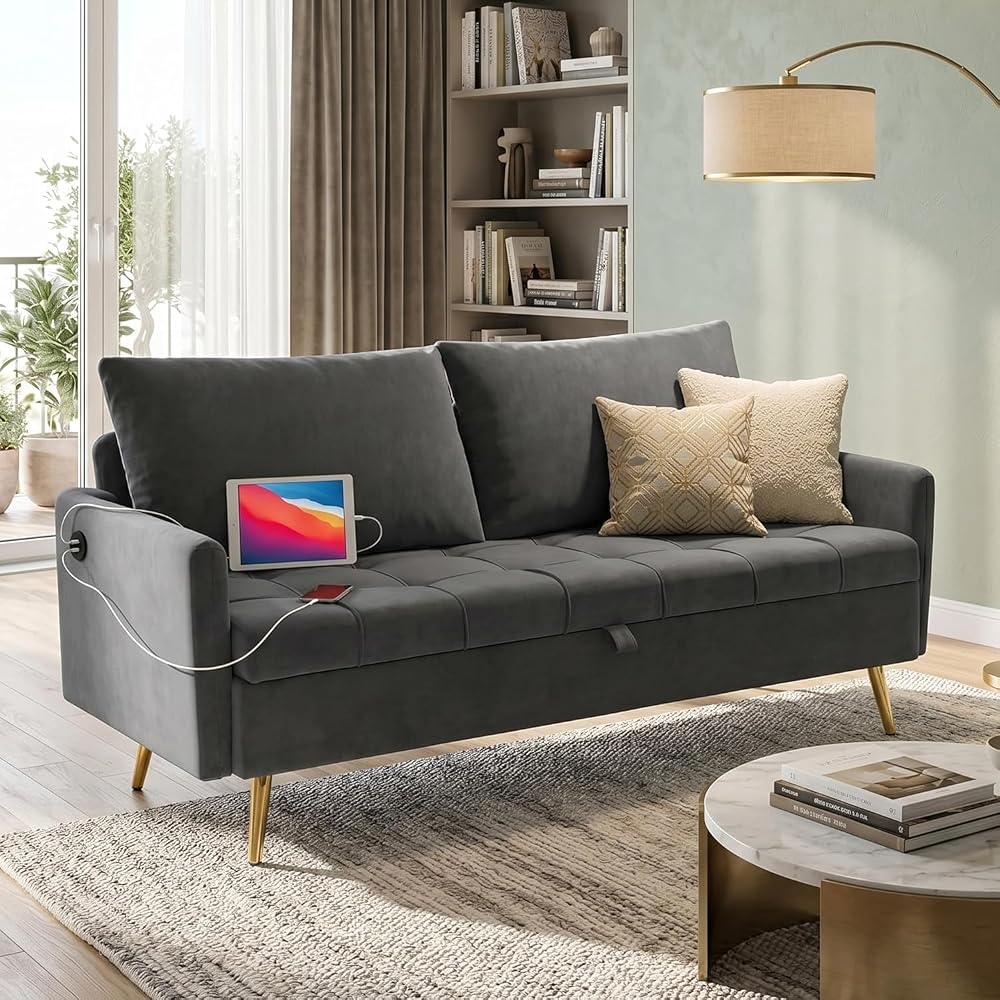 Mid Century Modern 60" W Grey Loveseat Storage Sofa 2 Seater With USB Ports