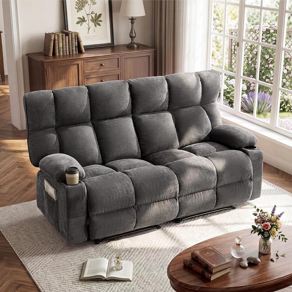 Oversized Loveseat Recliner Sofa, Double Recliner, Big Large Reclining Sofa with Cup Holders & Side Pockets, Traditional 2-Seater Manual Recliner Couch for Living Room, RV, Home Theater (Fabric,Grey)
